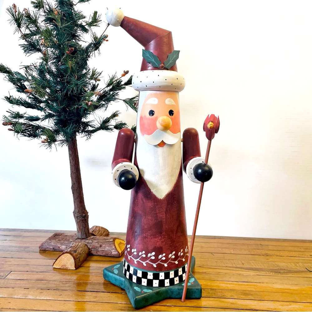 Vintage Elaine Thompson Folk Art Santa with Cardinal Wood Figurine Hand Painted
